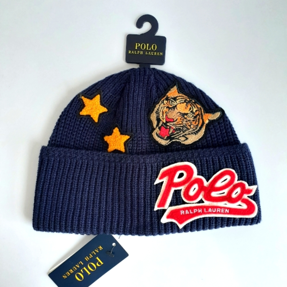 Polo Ralph Lauren Men's Tiger Patch Navy Blue Knit Beanie Toque Hat NWT - Picture 9 of 10